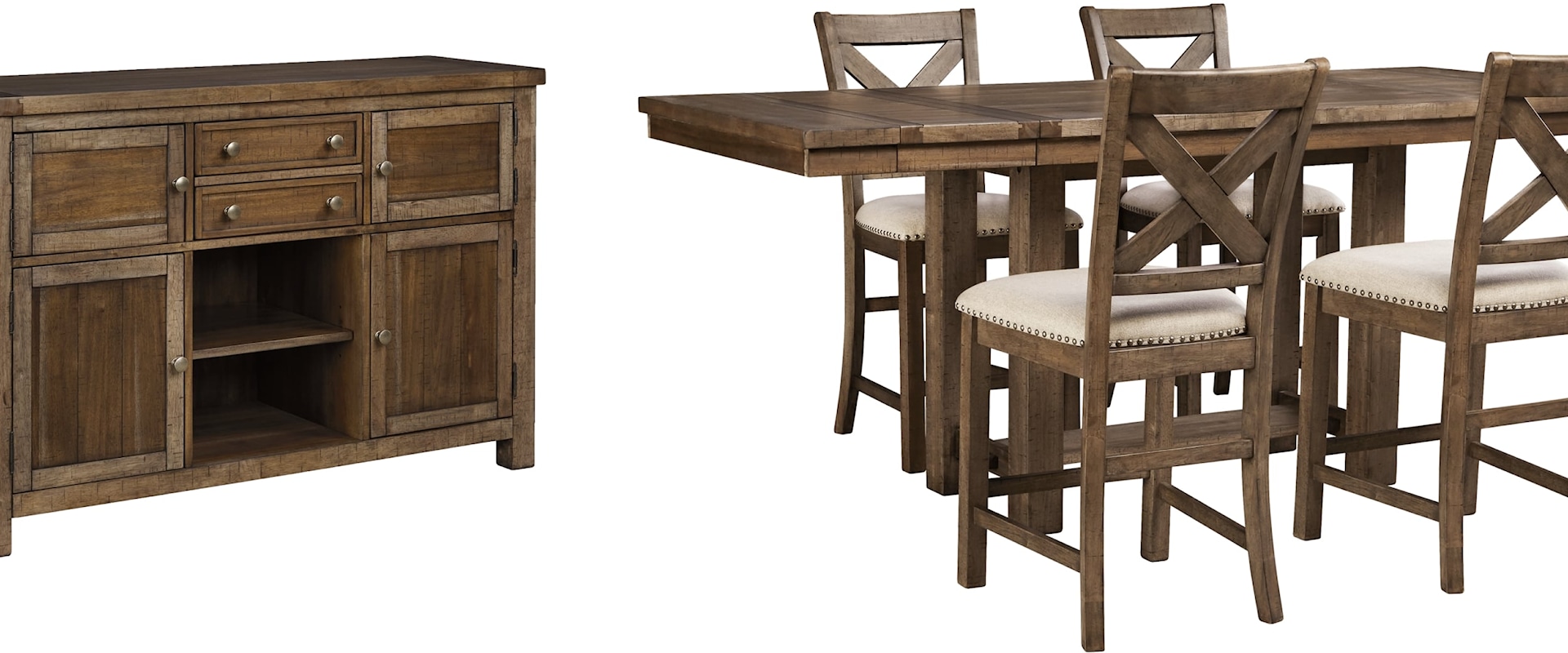 Counter Height Dining Table, 4 Barstools and Server