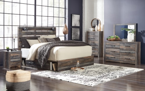 King Panel Bed With Storage, Dresser, Mirror, Chest And 2 Nightstands