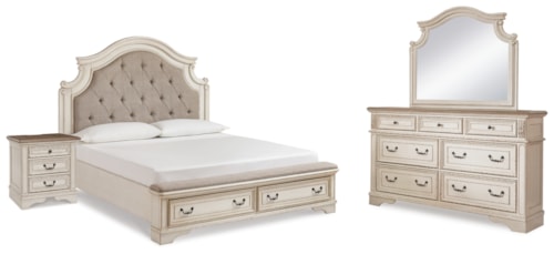 King Upholstered Panel Bed, Dresser, Mirror And Nightstand