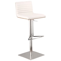 Contemporary Adjustable Swivel Barstool in Brushed Stainless Steel with White Faux Leather and Walnut Back