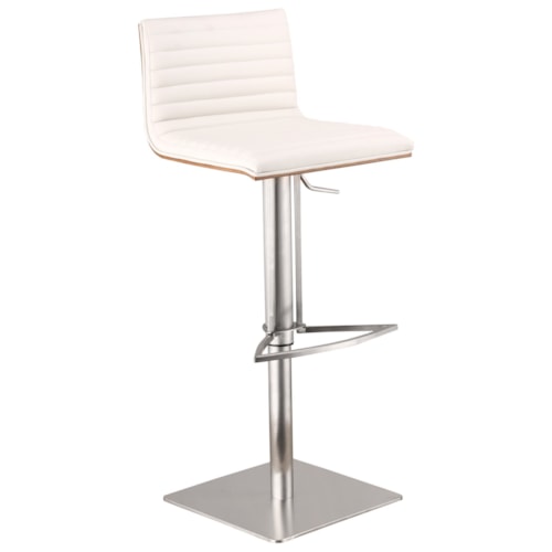 Contemporary Adjustable Swivel Barstool in Brushed Stainless Steel with White Faux Leather and Walnut Back