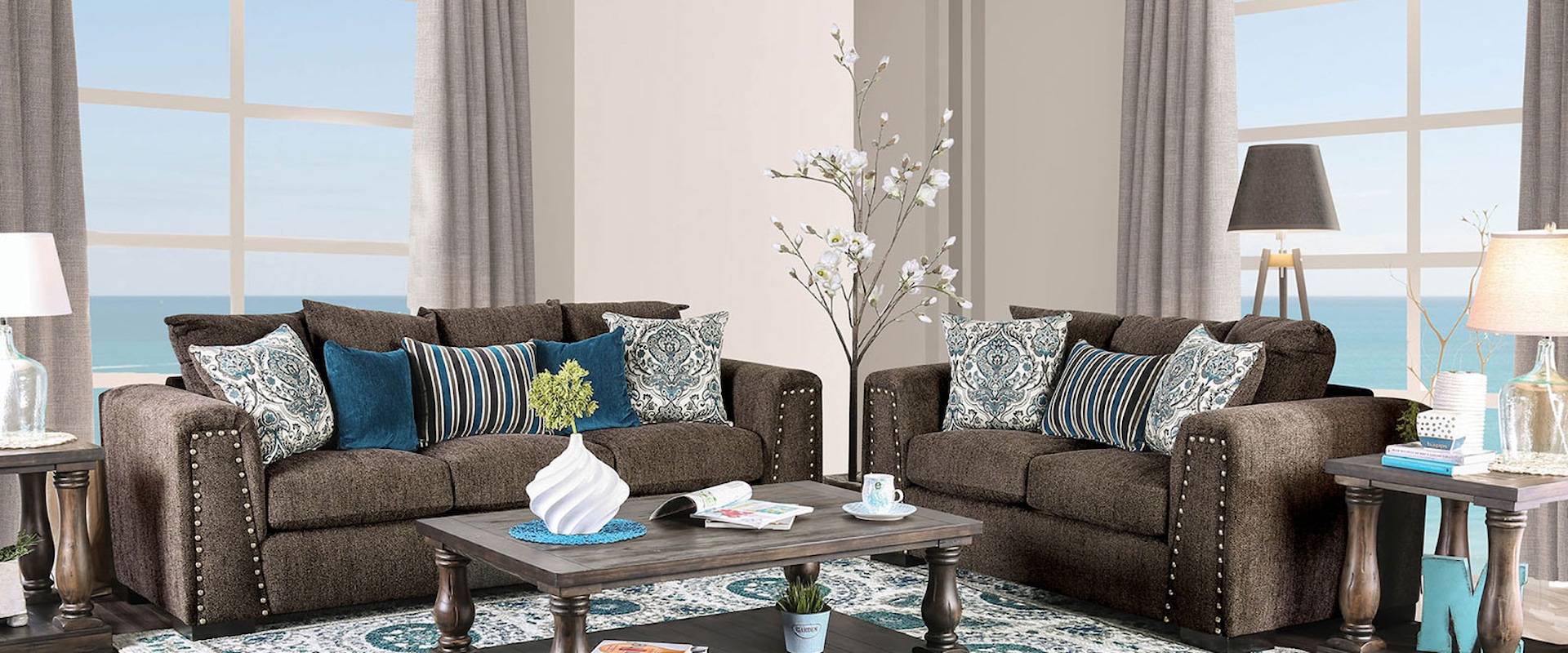 Transitional Sofa and Loveseat Set with Nailhead Trim