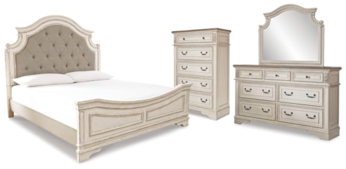 King Panel Upholstered Bed, Dresser, Mirror And Chest
