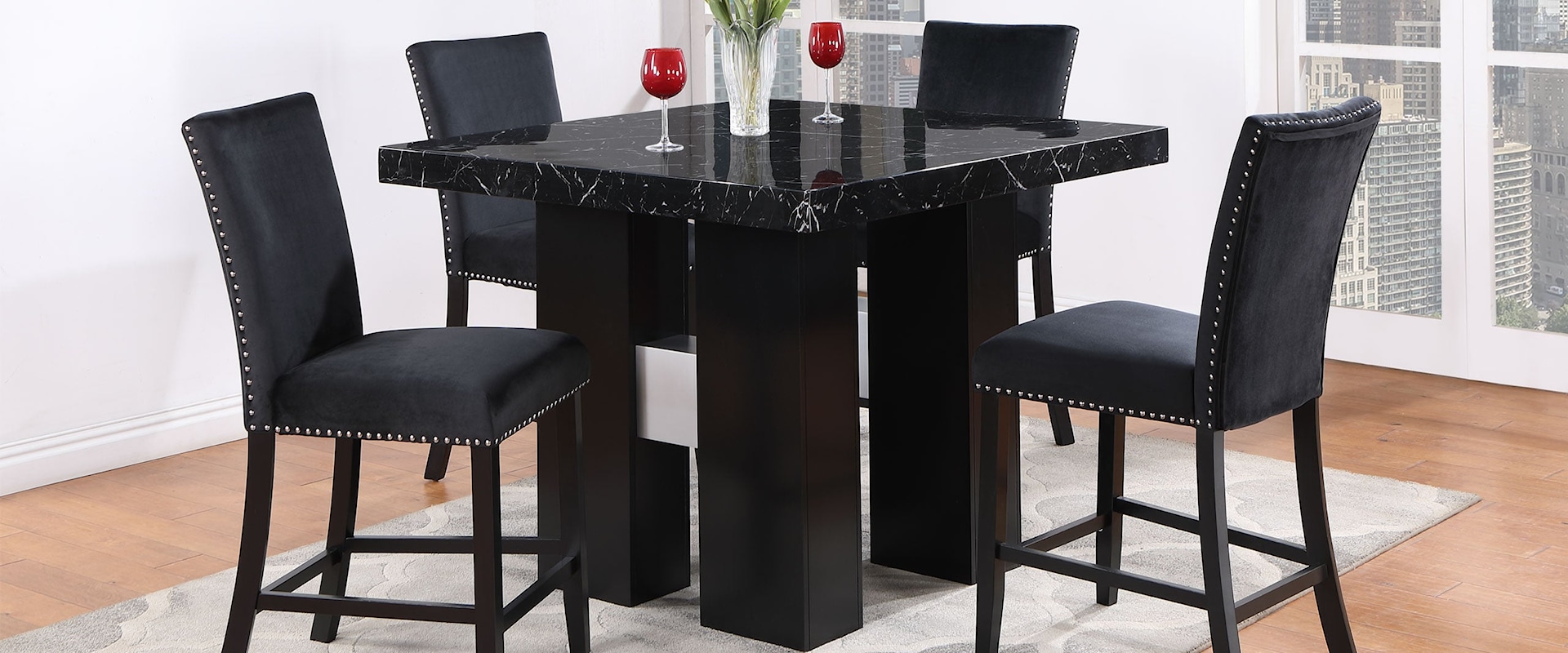 Contemporary Bar Table with Black Faux Marble Top and 4 Bar Stools