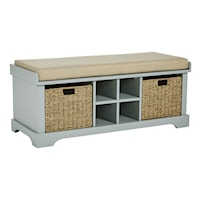 Gray Cushioned Storage Bench with 4 Cubbies and 2 Rattan Baskets