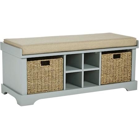 Gray Cushioned Storage Bench with 4 Cubbies and 2 Rattan Baskets