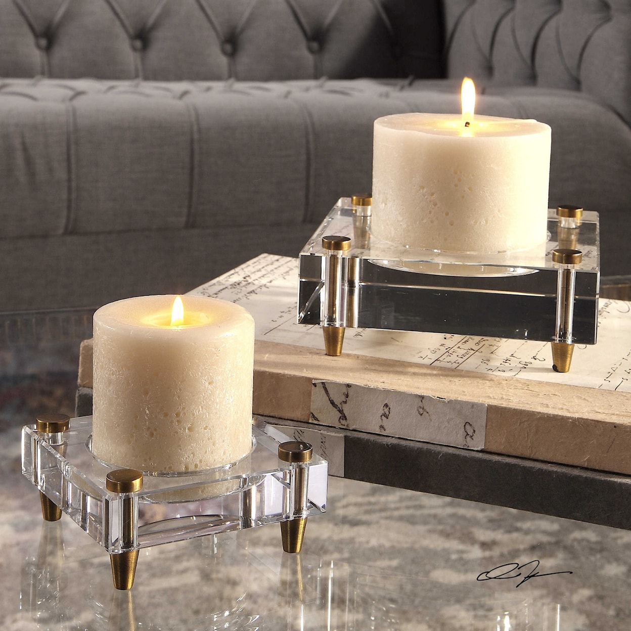 Uttermost Accessories - Candle Holders Claire Crystal Block Candleholders, S/2