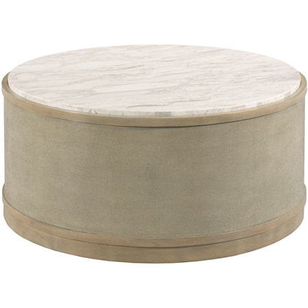 Woven Linen Round Coffee Table with Quartz Top and Casters