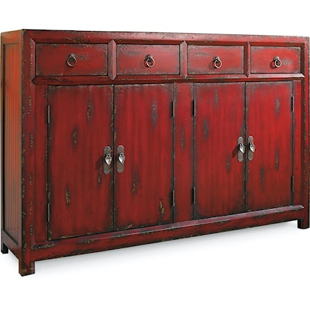 Transitional 4-Drawer Red Asian Cabinet with Adjustable Shelves
