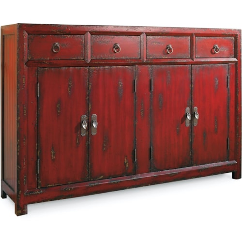 Transitional 4-Drawer Red Asian Cabinet with Adjustable Shelves