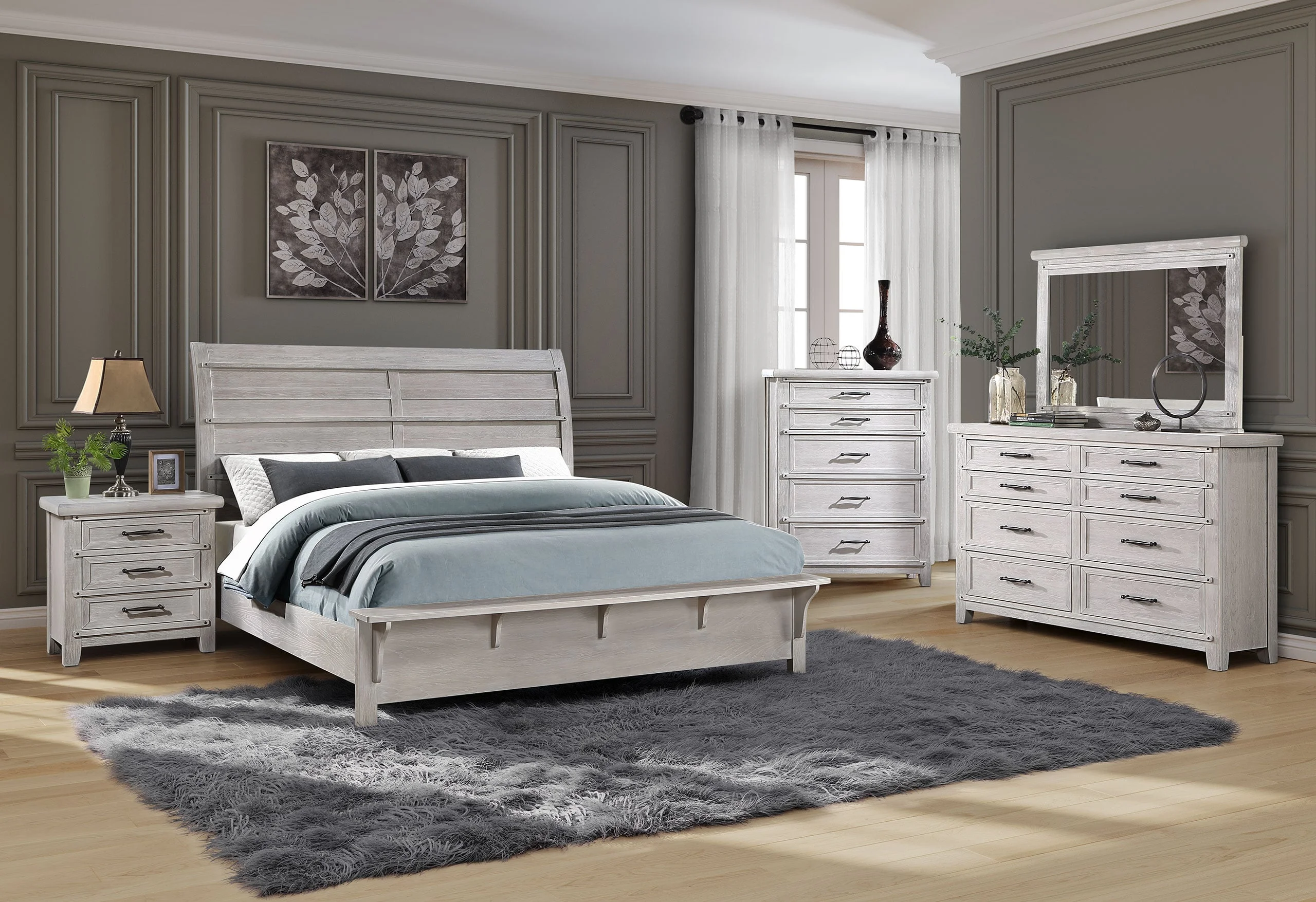 Global Furniture Levi LEVIWHITE OAKKBG Farmhouse King Bedroom Set