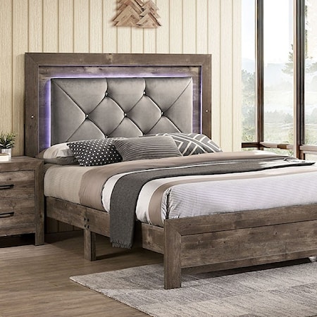 Rustic Farmhouse California King Bed with Upholstered Headboard