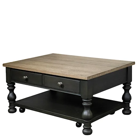 Transitional Cocktail Table with 2 Drawers, Bottom Shelf, and Removable Casters