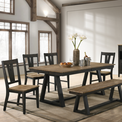 Transitional 6-Piece Trestle Dining Set with Dining Bench