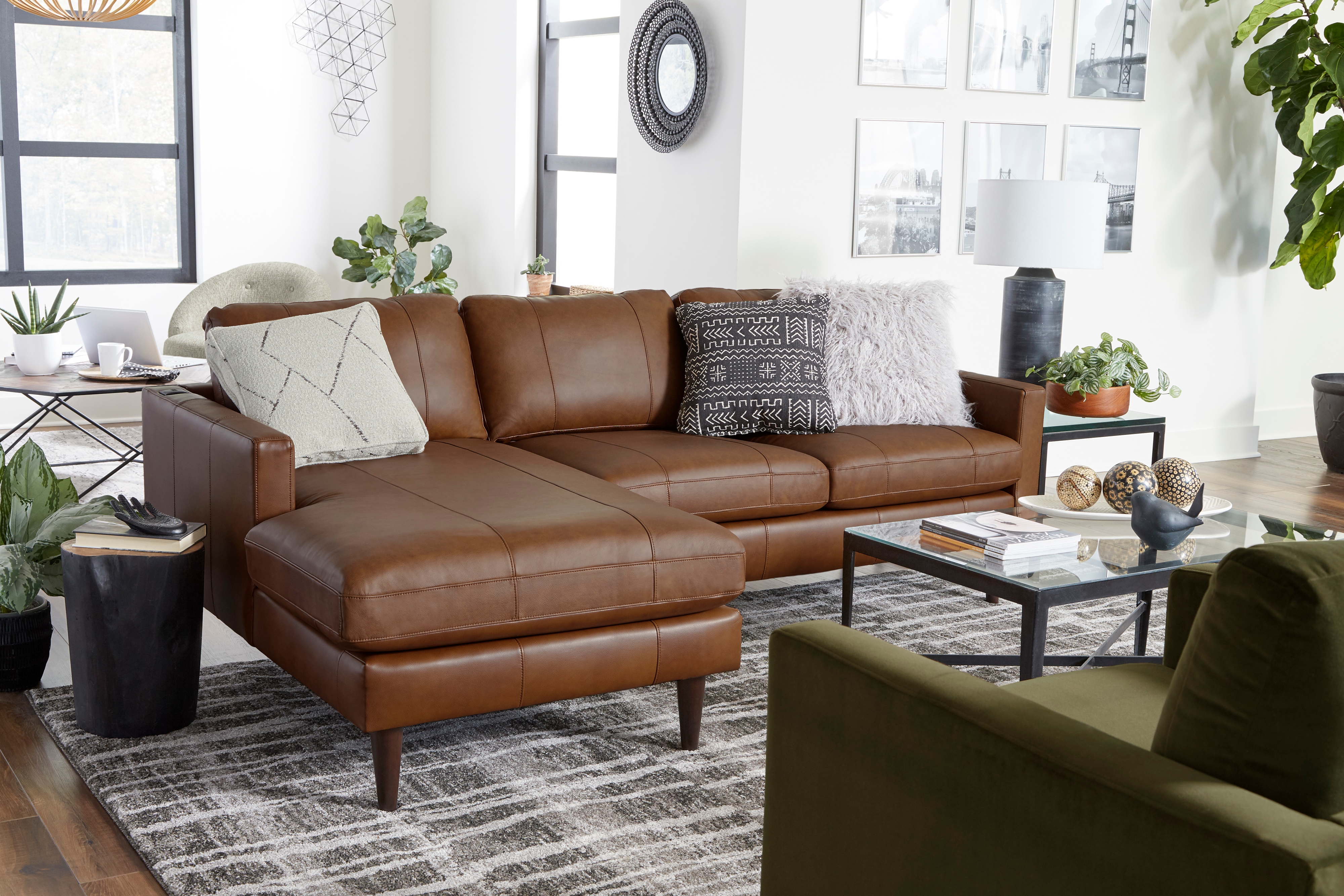 Best Home Furnishings Trafton Leather Chaise Sofa w/ USB Port & Wood Feet
