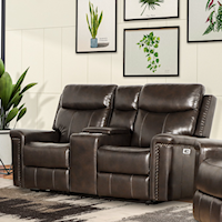 Transitional Power Reclining Leather Loveseat with Adjustable Headrests