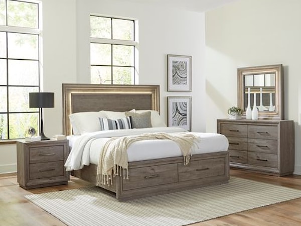 Queen Stg Bed, Dresser & Mirror, Nightstand