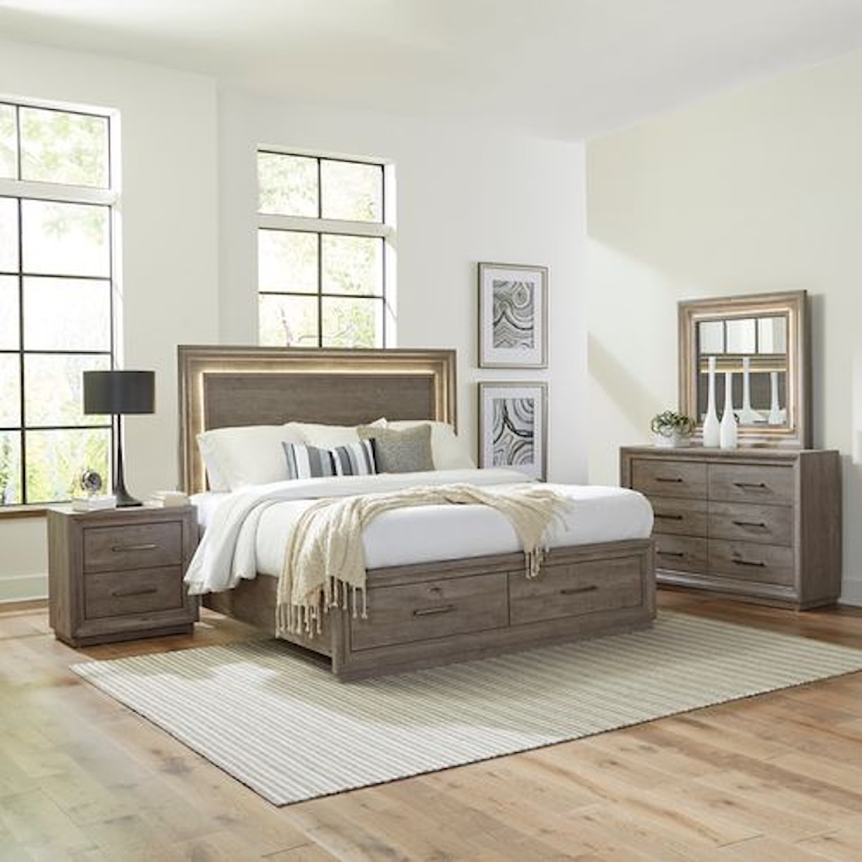 Liberty Furniture Horizons Queen Stg Bed, Dresser & Mirror, Nightstand