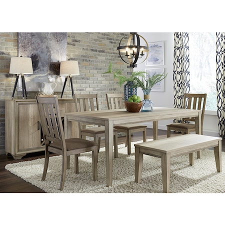 Farmhouse 6-Piece Dining Set with Slat Back Chairs & Bench