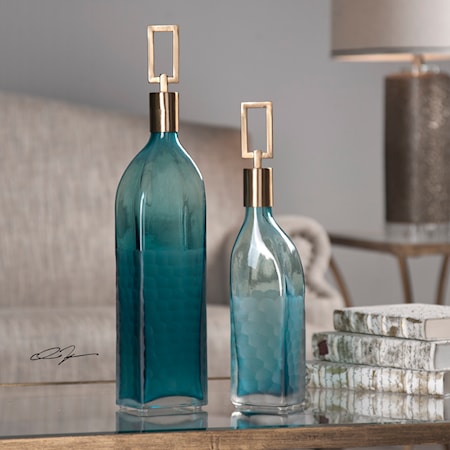 Annabella Teal Glass Bottles, S/2