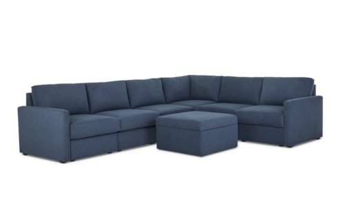 Flex 6-Seat Sectional Sofa with Narrow Arm and Storage Ottoman - Denim