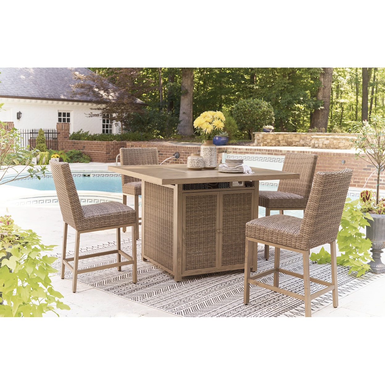 Benchcraft Walton Bridge Outdoor Bar Table With Fire Pit
