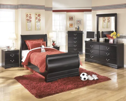 5pc Twin Sleigh Bed, Dresser, Mirror, Nightstand & Chest