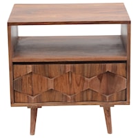 Mid-Century Modern Nightstand with Drawer and Geometric Carving