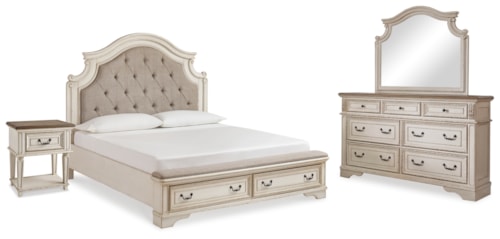 King Storage Bed, Dresser, Mirror And Nightstand