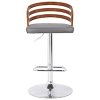 Mid-Century Adjustable Swivel Barstool in Chrome with Grey Faux Leather and Walnut Veneer