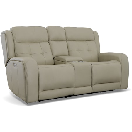 Transitional Power Reclining Console Loveseat with Power Headrest and USB Ports