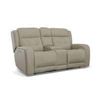 Transitional Power Reclining Console Loveseat with Power Headrest and USB Ports