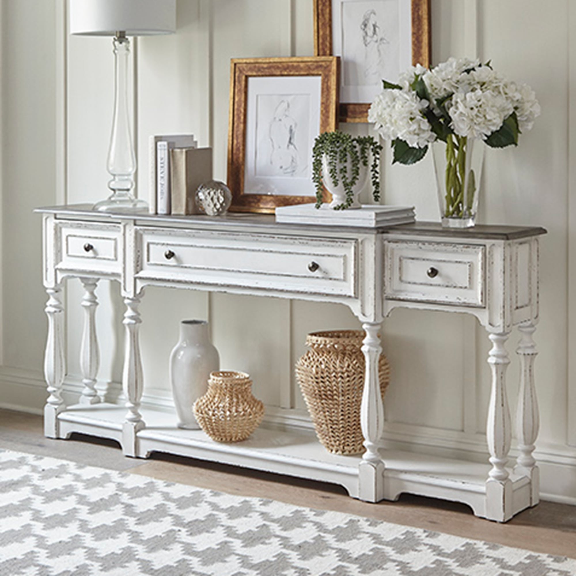 magnolia manor console table with stools