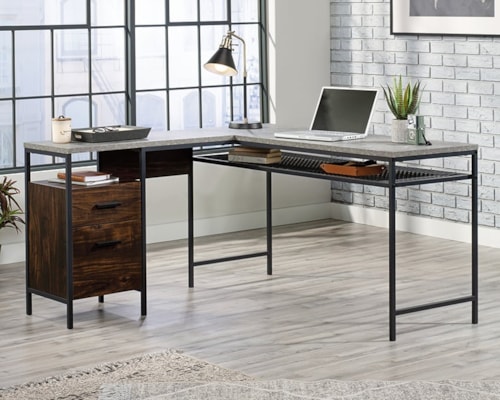 Industrial L-Shaped Desk with File Cabinet