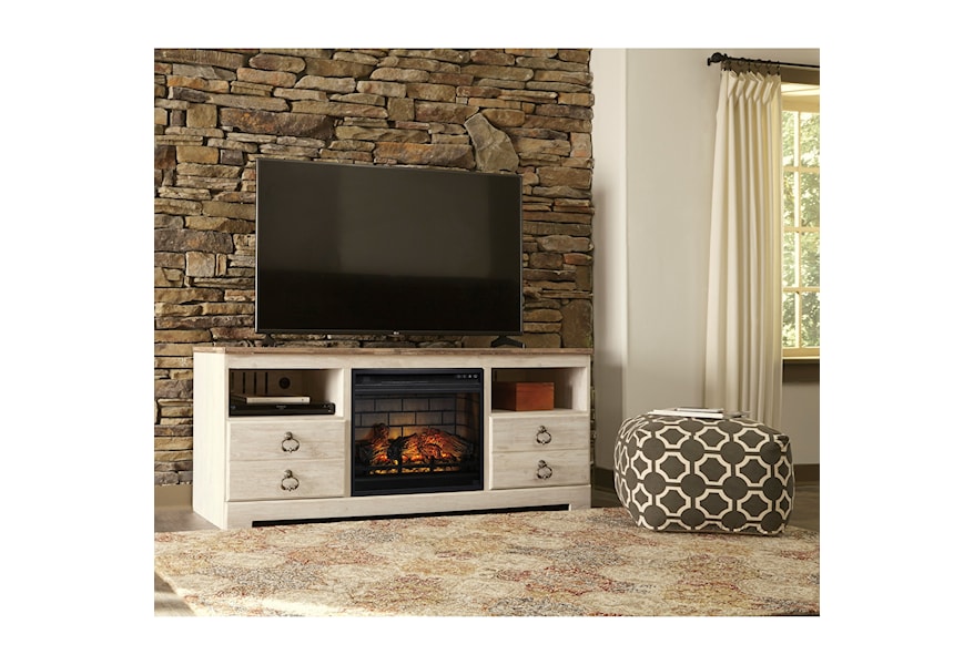 The Willowton Whitewash Large TV Stand with Fireplace Option, 2