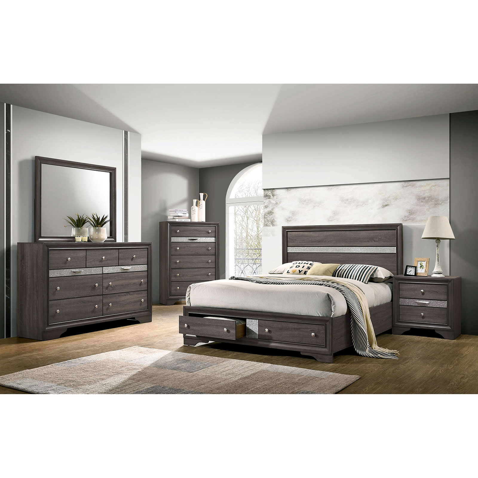 Chrissy CM7552GYQ5PCCHEST Contemporary 5 Piece Queen Bedroom Set