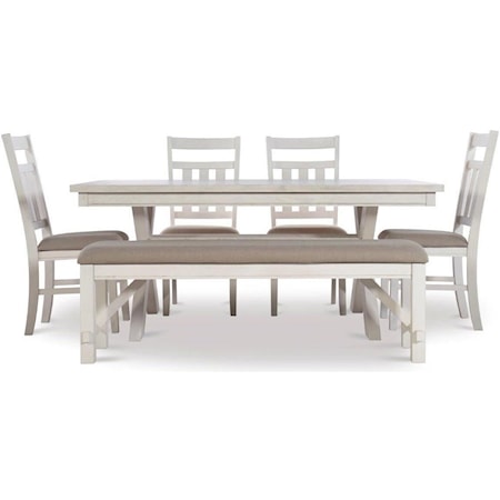 6-Piece Trestle Dining Set with Upholstered Bench & Side Chairs