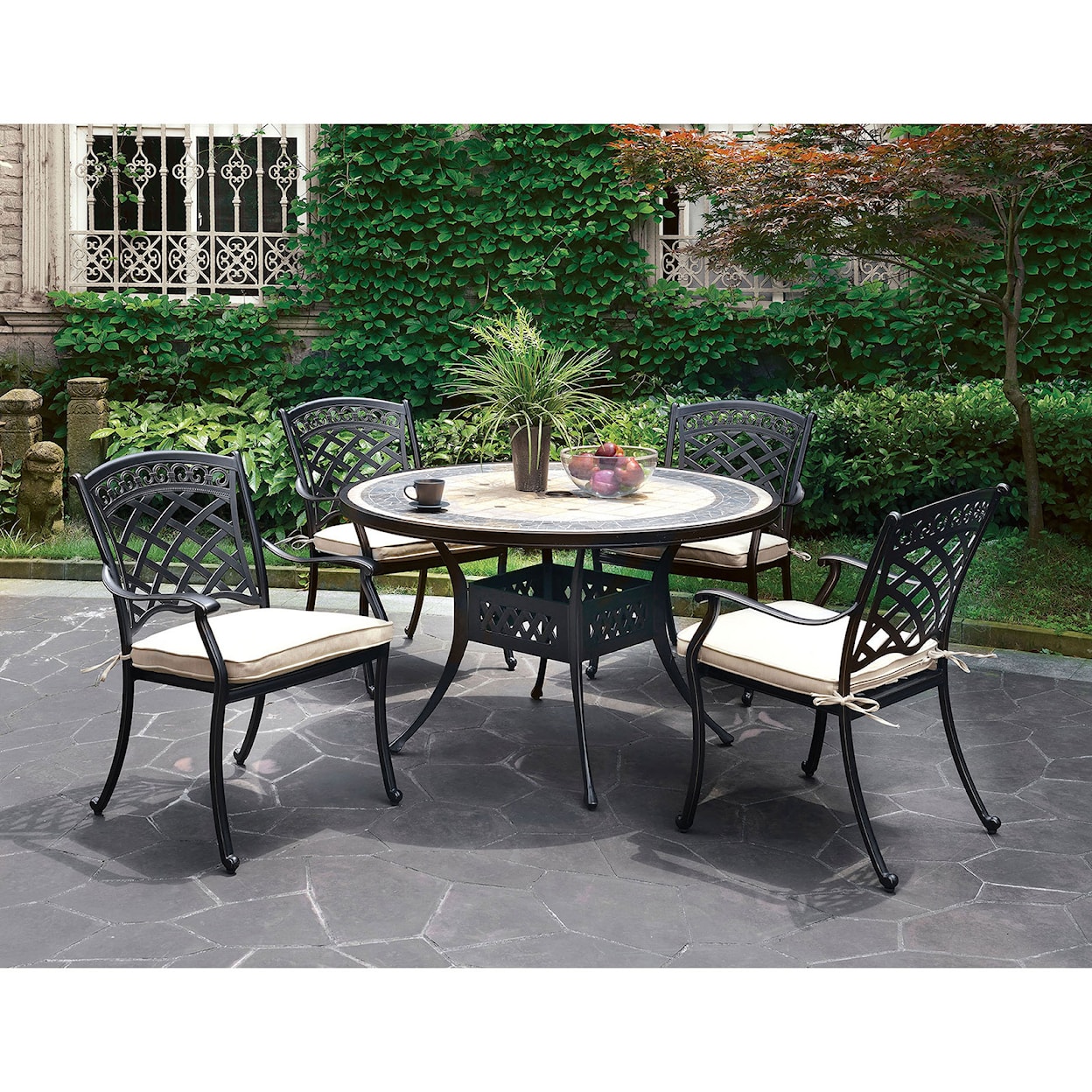 Furniture of America Charissa Round Table + 4 Arm Chairs
