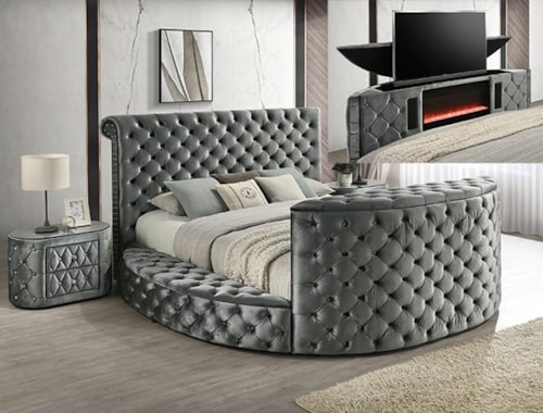 Glam Tufted Queen Bed with Fireplace Footboard