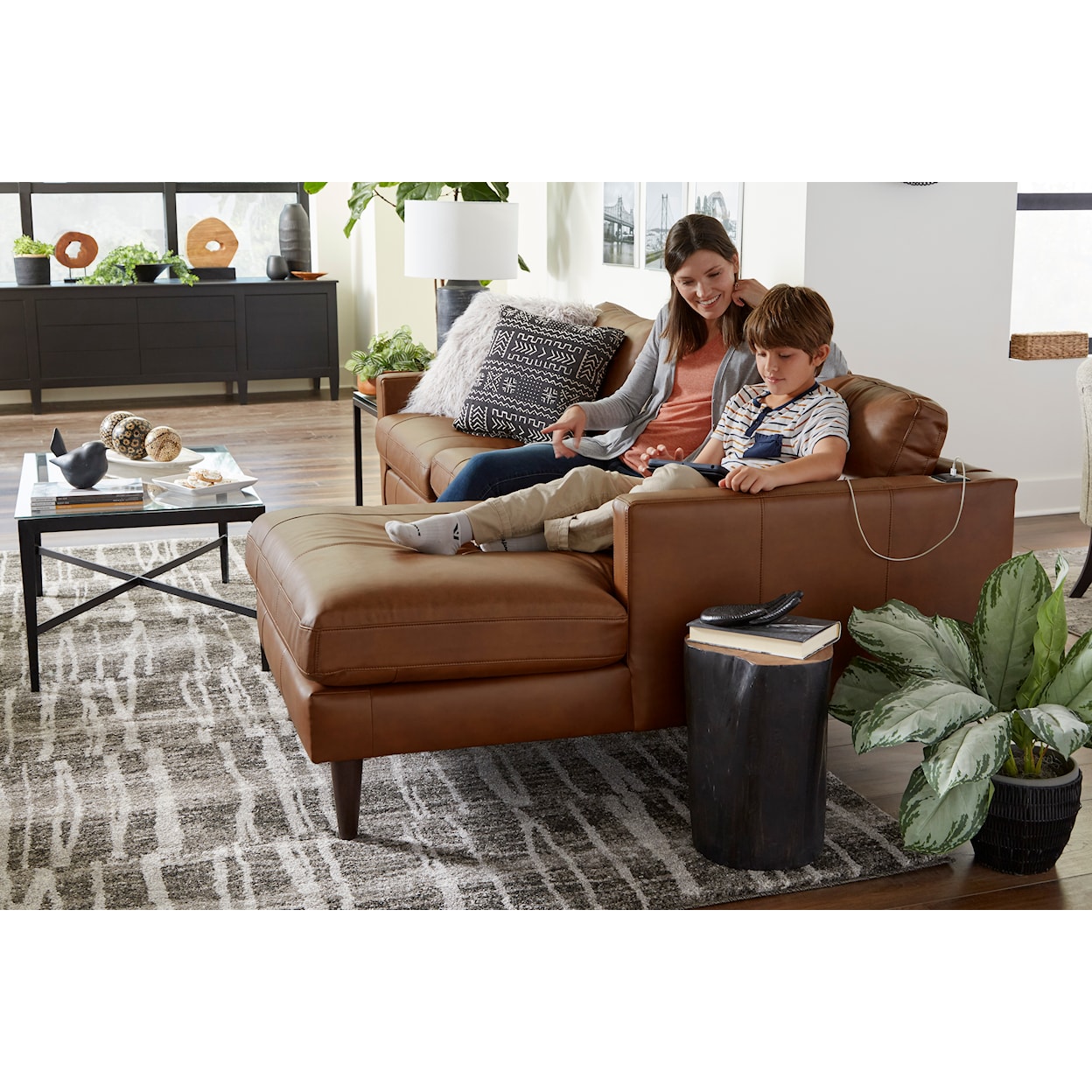 Bravo Furniture Trafton Leather Chaise Sofa w/ USB Port & Wood Feet