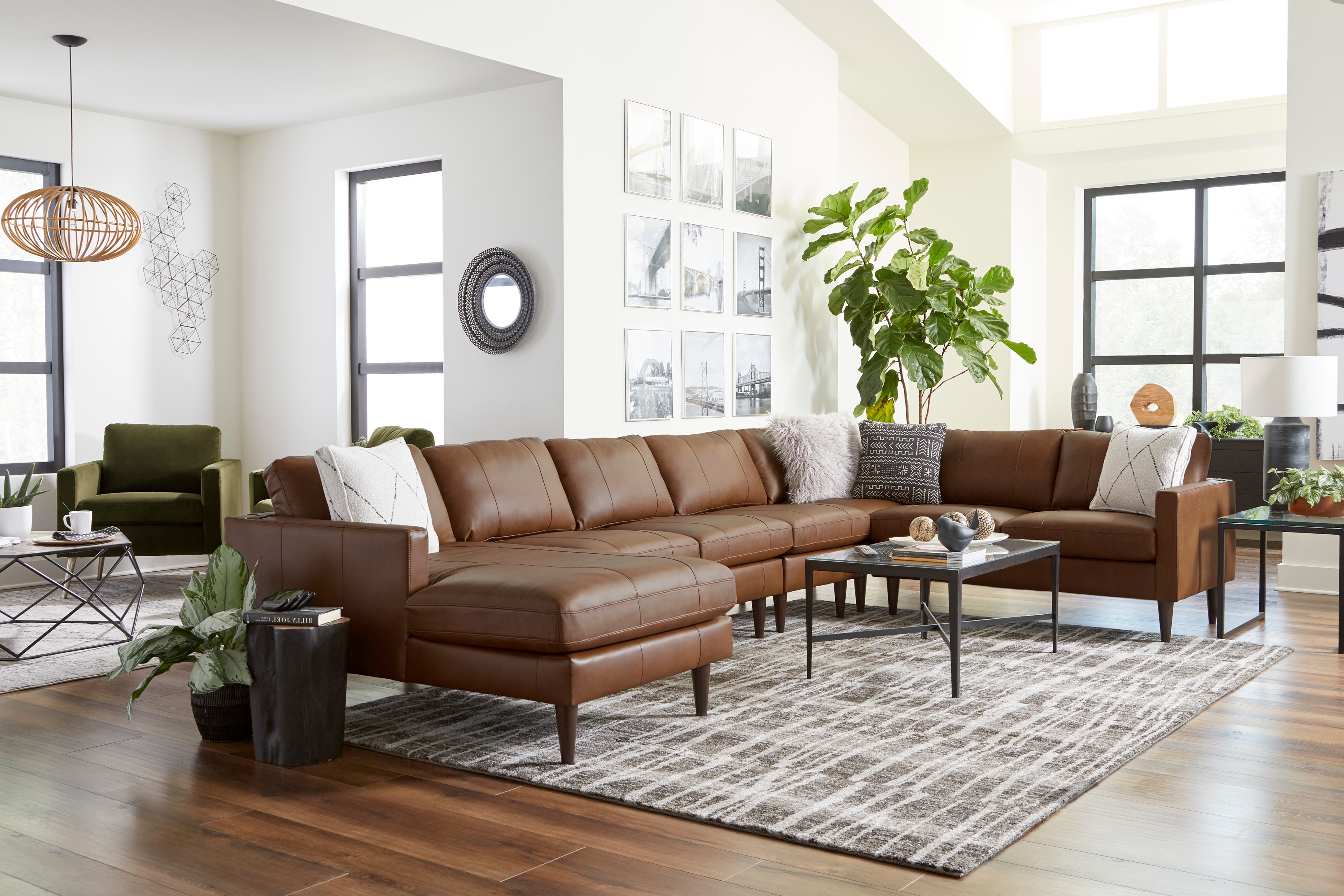 Leather Sectional Sofa w/ Chaise &amp; Wood Feet