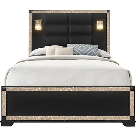 Upholstered Queen Panel Bed with Lamps