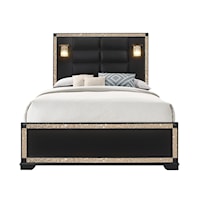 Contemporary Upholstered Queen Panel Bed with Lamps