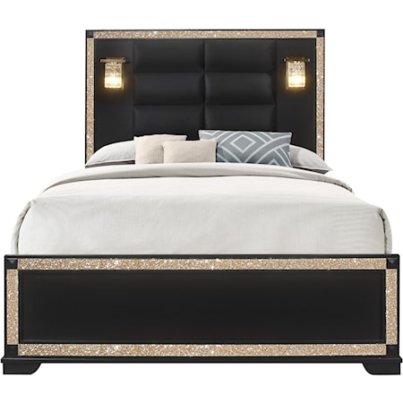 Contemporary Upholstered Queen Panel Bed with Lamps