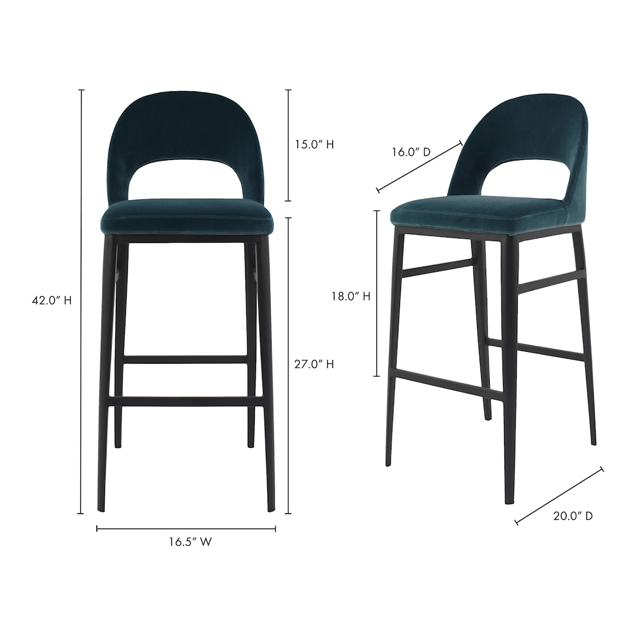 Moe's Home Collection Roger Roger Barstool Teal Velvet