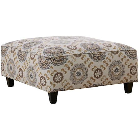 Casual Medallion Cocktail Ottoman with Exposed Wooden Legs