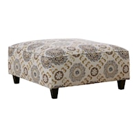 Casual Medallion Cocktail Ottoman with Exposed Wooden Legs