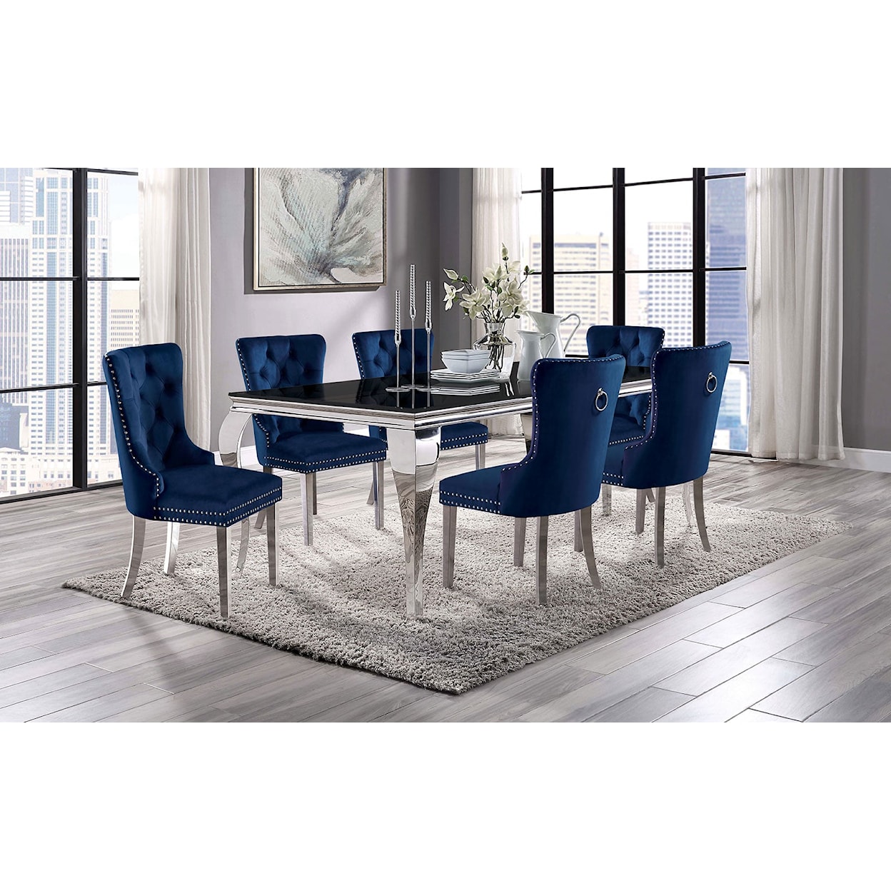 Furniture of America Neuveville 7-Piece Dining Set with Navy Chairs
