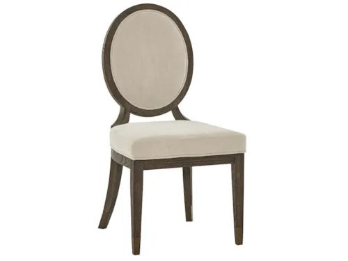 Transitional Upholstered Oval Side Chair with Smoked Gold Ferrules