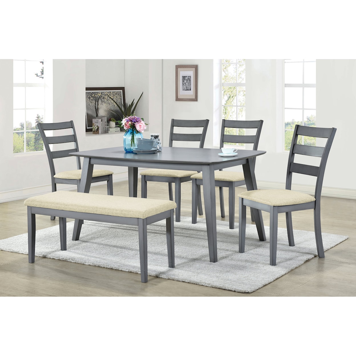 Progressive Furniture Galveston Gray Dining Table w/ 4 Chairs & Bench